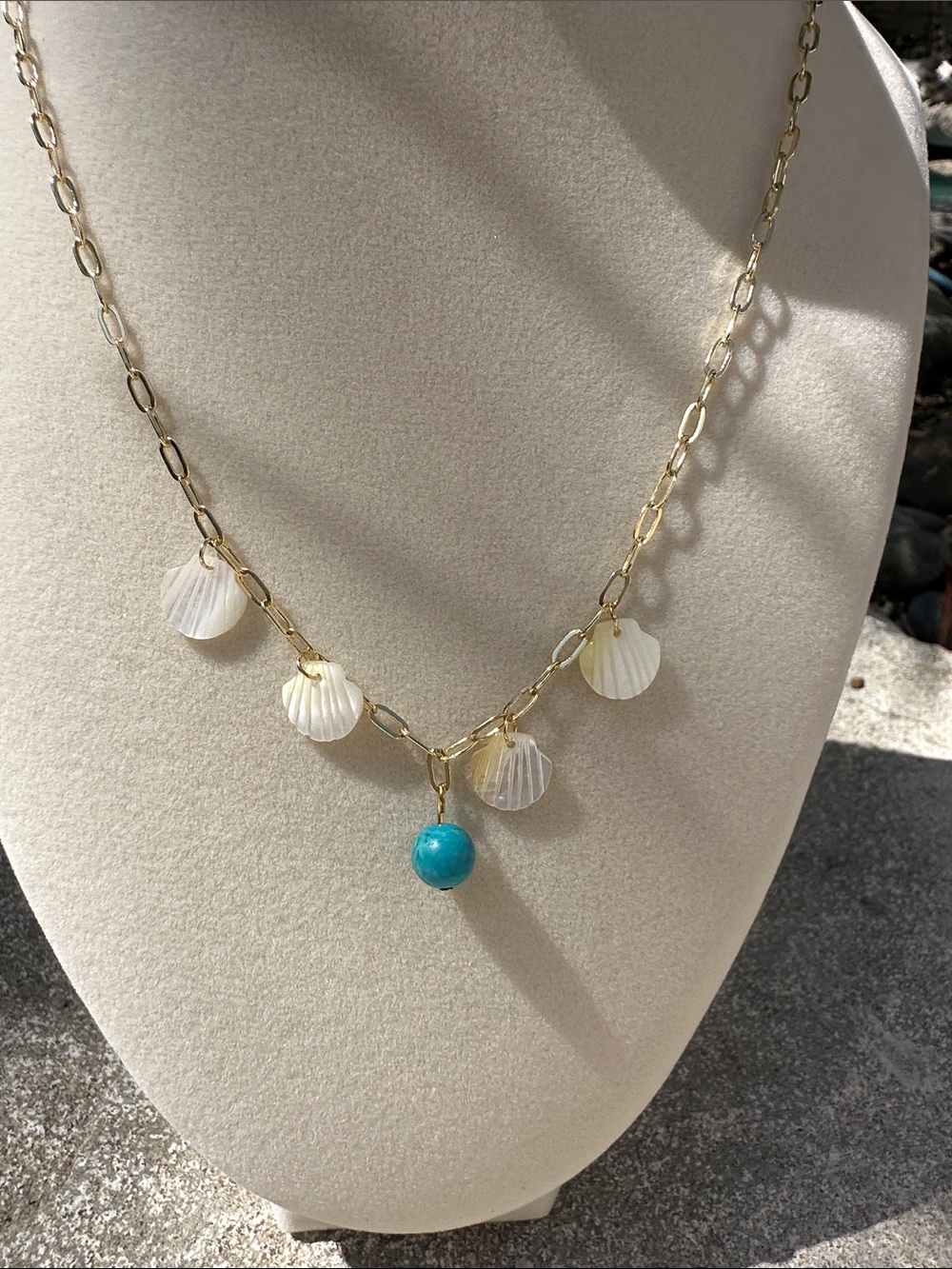 Gold Shell & Pearl Charm Necklace - Turquoise Accent